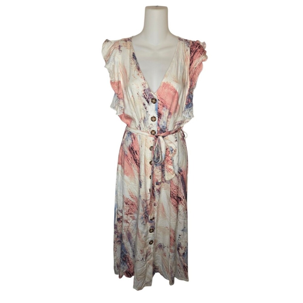 LARA Fashion NWT Watercolor Rayon Button-Front Midi Dress Ruffle Sleeve Large